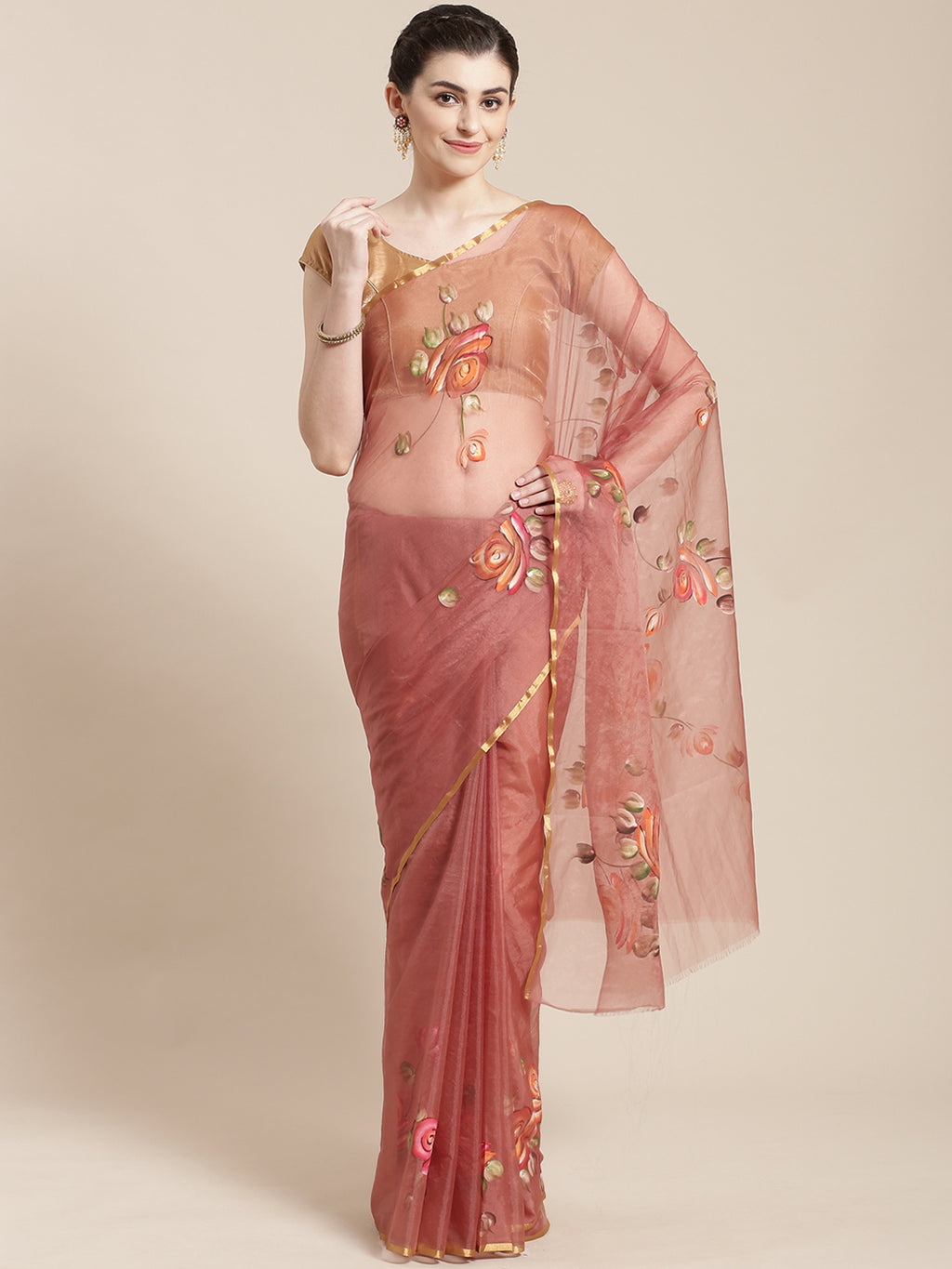 Rust Red Hand Painted Hand Painted Organza Saree-Saree-Kalakari India-BHKPSA0122-Hand Painted, Organza, Sarees, Sustainable Fabrics, Traditional Weave-[Linen,Ethnic,wear,Fashionista,Handloom,Handicraft,Indigo,blockprint,block,print,Cotton,Chanderi,Blue, latest,classy,party,bollywood,trendy,summer,style,traditional,formal,elegant,unique,style,hand,block,print, dabu,booti,gift,present,glamorous,affordable,collectible,Sari,Saree,printed, holi, Diwali, birthday, anniversary, sustainable, organic, sc
