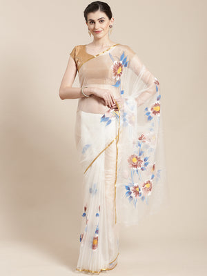 White & Blue Hand Painted Organza Saree-Saree-Kalakari India-BHKPSA0123-Hand Painted, Organza, Sarees, Sustainable Fabrics, Traditional Weave-[Linen,Ethnic,wear,Fashionista,Handloom,Handicraft,Indigo,blockprint,block,print,Cotton,Chanderi,Blue, latest,classy,party,bollywood,trendy,summer,style,traditional,formal,elegant,unique,style,hand,block,print, dabu,booti,gift,present,glamorous,affordable,collectible,Sari,Saree,printed, holi, Diwali, birthday, anniversary, sustainable, organic, scarf, onli