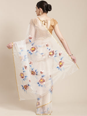 White & Blue Hand Painted Organza Saree-Saree-Kalakari India-BHKPSA0123-Hand Painted, Organza, Sarees, Sustainable Fabrics, Traditional Weave-[Linen,Ethnic,wear,Fashionista,Handloom,Handicraft,Indigo,blockprint,block,print,Cotton,Chanderi,Blue, latest,classy,party,bollywood,trendy,summer,style,traditional,formal,elegant,unique,style,hand,block,print, dabu,booti,gift,present,glamorous,affordable,collectible,Sari,Saree,printed, holi, Diwali, birthday, anniversary, sustainable, organic, scarf, onli