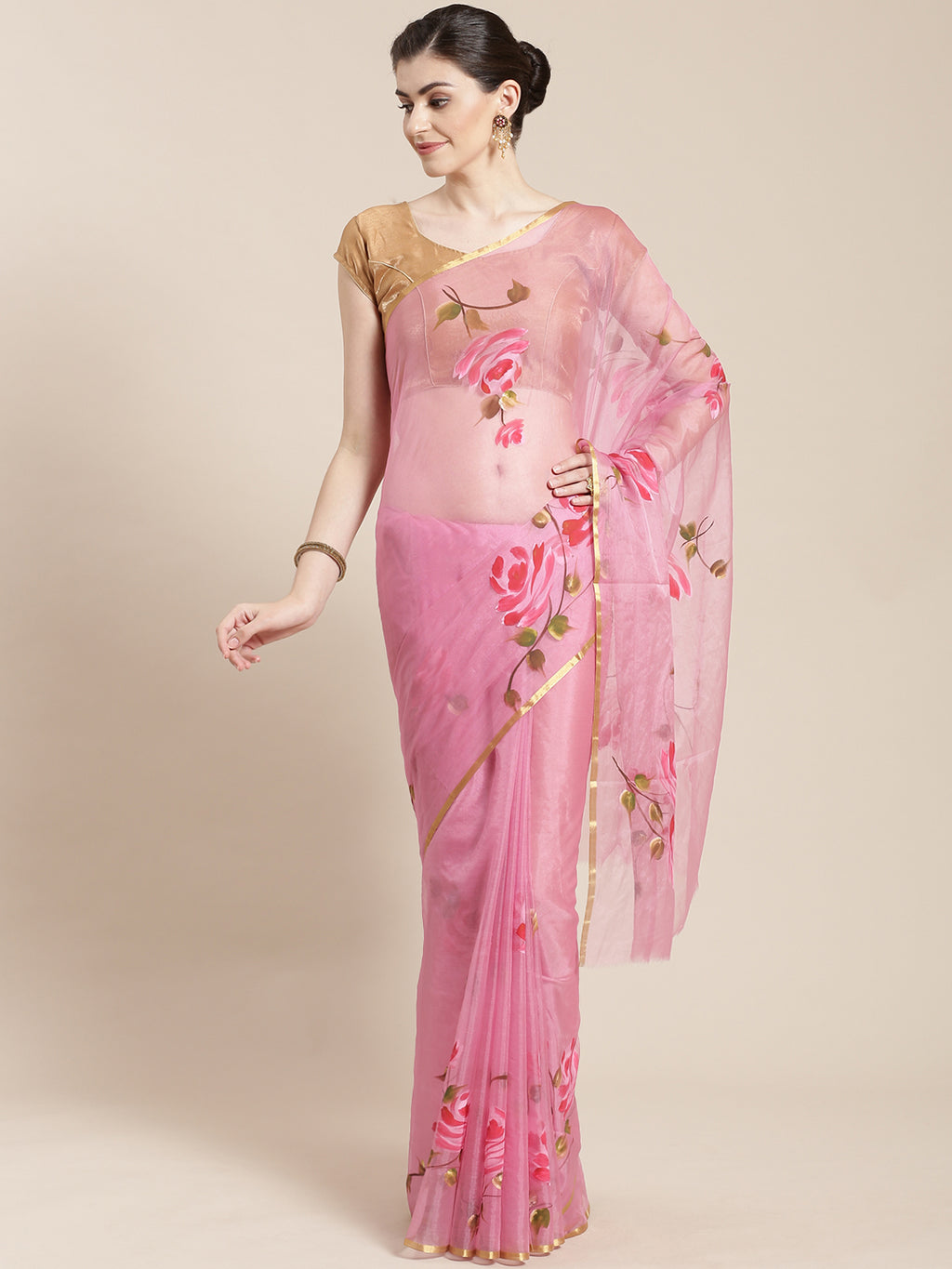 Pink & Green Hand Painted Organza Saree-Saree-Kalakari India-BHKPSA0125-Hand Painted, Organza, Sarees, Sustainable Fabrics, Traditional Weave-[Linen,Ethnic,wear,Fashionista,Handloom,Handicraft,Indigo,blockprint,block,print,Cotton,Chanderi,Blue, latest,classy,party,bollywood,trendy,summer,style,traditional,formal,elegant,unique,style,hand,block,print, dabu,booti,gift,present,glamorous,affordable,collectible,Sari,Saree,printed, holi, Diwali, birthday, anniversary, sustainable, organic, scarf, onli