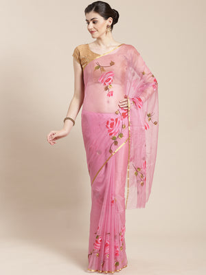 Pink & Green Hand Painted Organza Saree-Saree-Kalakari India-BHKPSA0125-Hand Painted, Organza, Sarees, Sustainable Fabrics, Traditional Weave-[Linen,Ethnic,wear,Fashionista,Handloom,Handicraft,Indigo,blockprint,block,print,Cotton,Chanderi,Blue, latest,classy,party,bollywood,trendy,summer,style,traditional,formal,elegant,unique,style,hand,block,print, dabu,booti,gift,present,glamorous,affordable,collectible,Sari,Saree,printed, holi, Diwali, birthday, anniversary, sustainable, organic, scarf, onli