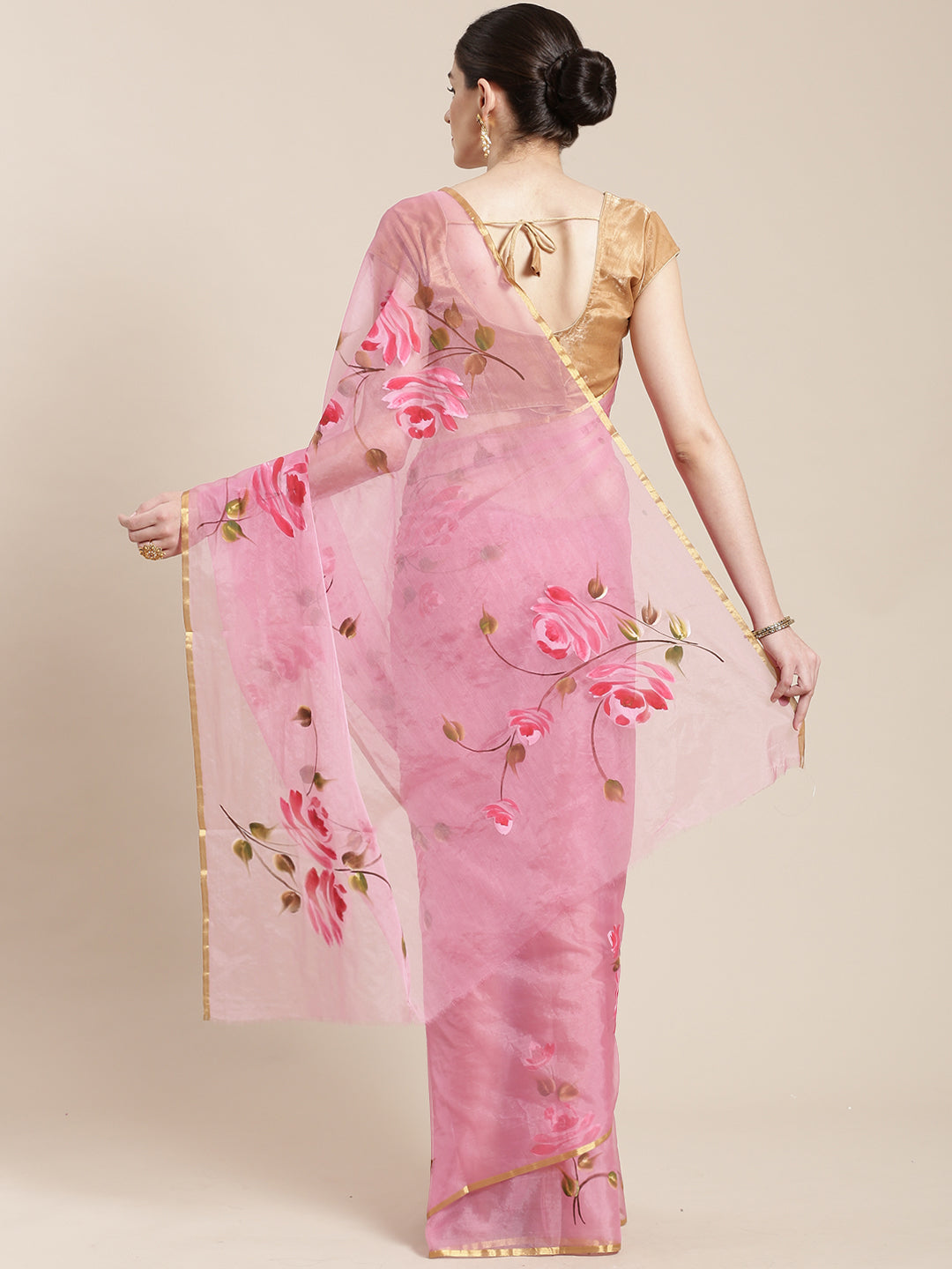 Pink & Green Hand Painted Organza Saree-Saree-Kalakari India-BHKPSA0125-Hand Painted, Organza, Sarees, Sustainable Fabrics, Traditional Weave-[Linen,Ethnic,wear,Fashionista,Handloom,Handicraft,Indigo,blockprint,block,print,Cotton,Chanderi,Blue, latest,classy,party,bollywood,trendy,summer,style,traditional,formal,elegant,unique,style,hand,block,print, dabu,booti,gift,present,glamorous,affordable,collectible,Sari,Saree,printed, holi, Diwali, birthday, anniversary, sustainable, organic, scarf, onli