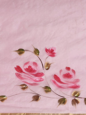 Pink & Green Hand Painted Organza Saree-Saree-Kalakari India-BHKPSA0125-Hand Painted, Organza, Sarees, Sustainable Fabrics, Traditional Weave-[Linen,Ethnic,wear,Fashionista,Handloom,Handicraft,Indigo,blockprint,block,print,Cotton,Chanderi,Blue, latest,classy,party,bollywood,trendy,summer,style,traditional,formal,elegant,unique,style,hand,block,print, dabu,booti,gift,present,glamorous,affordable,collectible,Sari,Saree,printed, holi, Diwali, birthday, anniversary, sustainable, organic, scarf, onli