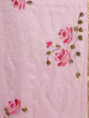 Pink & Green Hand Painted Organza Saree-Saree-Kalakari India-BHKPSA0125-Hand Painted, Organza, Sarees, Sustainable Fabrics, Traditional Weave-[Linen,Ethnic,wear,Fashionista,Handloom,Handicraft,Indigo,blockprint,block,print,Cotton,Chanderi,Blue, latest,classy,party,bollywood,trendy,summer,style,traditional,formal,elegant,unique,style,hand,block,print, dabu,booti,gift,present,glamorous,affordable,collectible,Sari,Saree,printed, holi, Diwali, birthday, anniversary, sustainable, organic, scarf, onli