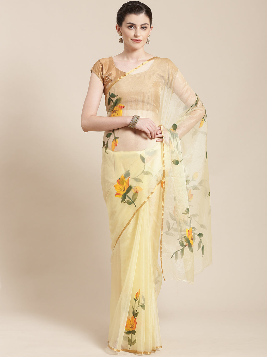 Yellow & Green Floral Hand Painted Organza Saree-Saree-Kalakari India-BHKPSA0126-Hand Painted, Organza, Sarees, Sustainable Fabrics, Traditional Weave-[Linen,Ethnic,wear,Fashionista,Handloom,Handicraft,Indigo,blockprint,block,print,Cotton,Chanderi,Blue, latest,classy,party,bollywood,trendy,summer,style,traditional,formal,elegant,unique,style,hand,block,print, dabu,booti,gift,present,glamorous,affordable,collectible,Sari,Saree,printed, holi, Diwali, birthday, anniversary, sustainable, organic, sc