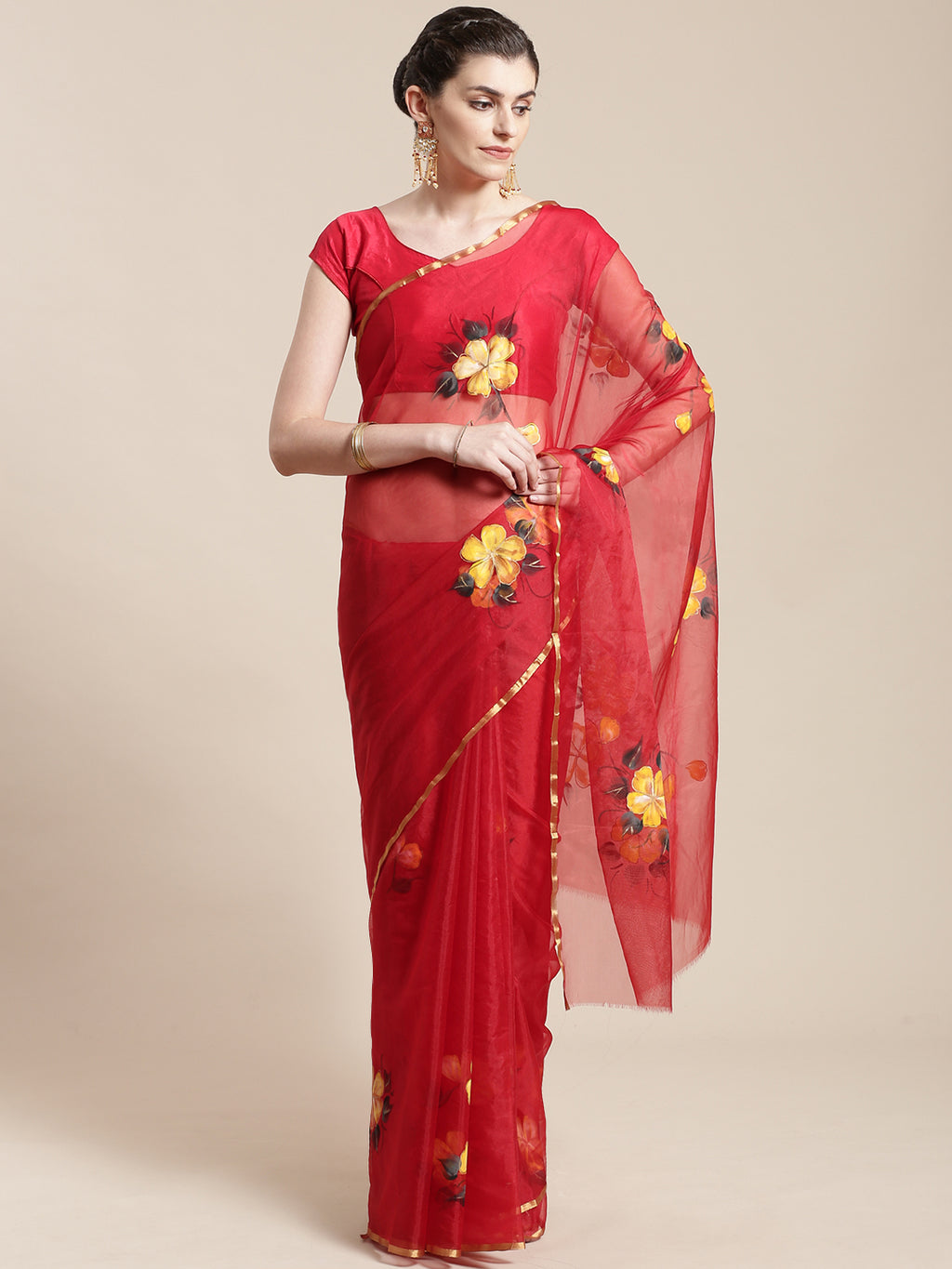 Red & Yellow Hand Painted Organza Saree-Saree-Kalakari India-BHKPSA0127-Hand Painted, Organza, Sarees, Sustainable Fabrics, Traditional Weave-[Linen,Ethnic,wear,Fashionista,Handloom,Handicraft,Indigo,blockprint,block,print,Cotton,Chanderi,Blue, latest,classy,party,bollywood,trendy,summer,style,traditional,formal,elegant,unique,style,hand,block,print, dabu,booti,gift,present,glamorous,affordable,collectible,Sari,Saree,printed, holi, Diwali, birthday, anniversary, sustainable, organic, scarf, onli
