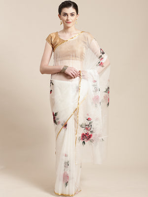 White & Red Floral Hand Painted Organza Saree-Saree-Kalakari India-BHKPSA0128-Hand Painted, Organza, Sarees, Sustainable Fabrics, Traditional Weave-[Linen,Ethnic,wear,Fashionista,Handloom,Handicraft,Indigo,blockprint,block,print,Cotton,Chanderi,Blue, latest,classy,party,bollywood,trendy,summer,style,traditional,formal,elegant,unique,style,hand,block,print, dabu,booti,gift,present,glamorous,affordable,collectible,Sari,Saree,printed, holi, Diwali, birthday, anniversary, sustainable, organic, scarf
