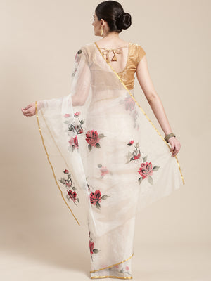 White & Red Floral Hand Painted Organza Saree-Saree-Kalakari India-BHKPSA0128-Hand Painted, Organza, Sarees, Sustainable Fabrics, Traditional Weave-[Linen,Ethnic,wear,Fashionista,Handloom,Handicraft,Indigo,blockprint,block,print,Cotton,Chanderi,Blue, latest,classy,party,bollywood,trendy,summer,style,traditional,formal,elegant,unique,style,hand,block,print, dabu,booti,gift,present,glamorous,affordable,collectible,Sari,Saree,printed, holi, Diwali, birthday, anniversary, sustainable, organic, scarf