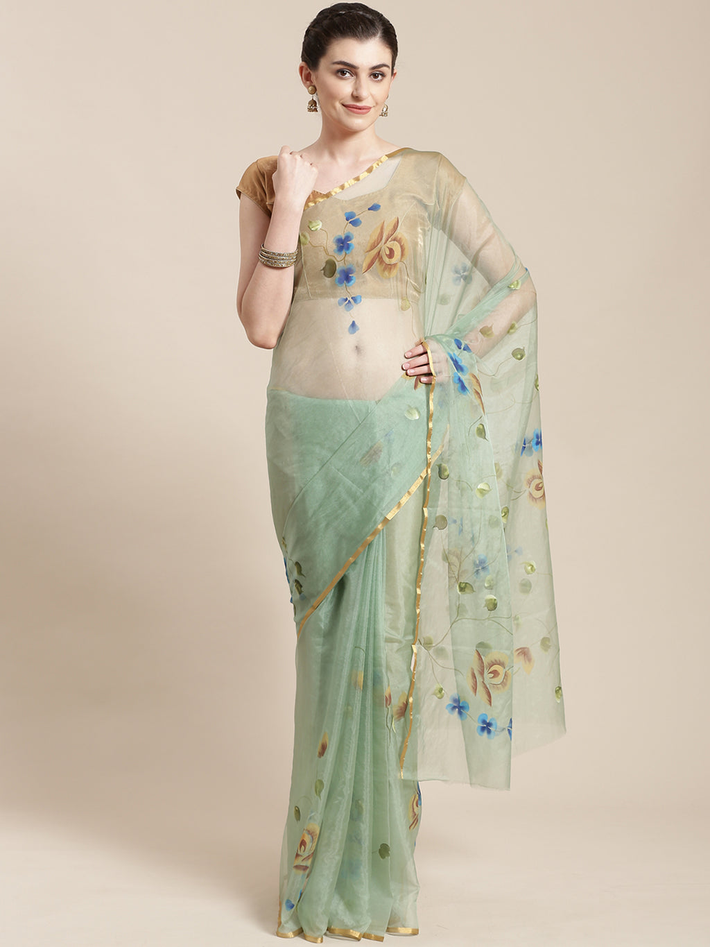 Sea Green & Blue Hand Painted Organza Saree-Saree-Kalakari India-BHKPSA0129-Hand Painted, Organza, Sarees, Sustainable Fabrics, Traditional Weave-[Linen,Ethnic,wear,Fashionista,Handloom,Handicraft,Indigo,blockprint,block,print,Cotton,Chanderi,Blue, latest,classy,party,bollywood,trendy,summer,style,traditional,formal,elegant,unique,style,hand,block,print, dabu,booti,gift,present,glamorous,affordable,collectible,Sari,Saree,printed, holi, Diwali, birthday, anniversary, sustainable, organic, scarf, 