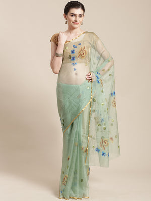 Sea Green & Blue Hand Painted Organza Saree-Saree-Kalakari India-BHKPSA0129-Hand Painted, Organza, Sarees, Sustainable Fabrics, Traditional Weave-[Linen,Ethnic,wear,Fashionista,Handloom,Handicraft,Indigo,blockprint,block,print,Cotton,Chanderi,Blue, latest,classy,party,bollywood,trendy,summer,style,traditional,formal,elegant,unique,style,hand,block,print, dabu,booti,gift,present,glamorous,affordable,collectible,Sari,Saree,printed, holi, Diwali, birthday, anniversary, sustainable, organic, scarf, 