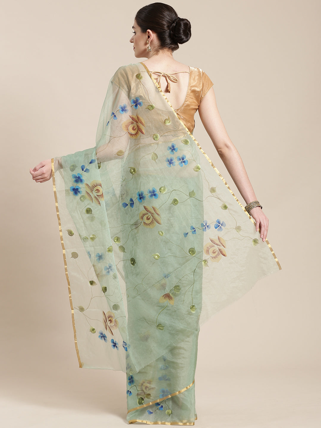 Sea Green & Blue Hand Painted Organza Saree-Saree-Kalakari India-BHKPSA0129-Hand Painted, Organza, Sarees, Sustainable Fabrics, Traditional Weave-[Linen,Ethnic,wear,Fashionista,Handloom,Handicraft,Indigo,blockprint,block,print,Cotton,Chanderi,Blue, latest,classy,party,bollywood,trendy,summer,style,traditional,formal,elegant,unique,style,hand,block,print, dabu,booti,gift,present,glamorous,affordable,collectible,Sari,Saree,printed, holi, Diwali, birthday, anniversary, sustainable, organic, scarf, 