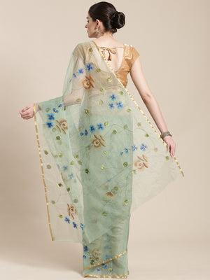 Sea Green & Blue Hand Painted Organza Saree-Saree-Kalakari India-BHKPSA0129-Hand Painted, Organza, Sarees, Sustainable Fabrics, Traditional Weave-[Linen,Ethnic,wear,Fashionista,Handloom,Handicraft,Indigo,blockprint,block,print,Cotton,Chanderi,Blue, latest,classy,party,bollywood,trendy,summer,style,traditional,formal,elegant,unique,style,hand,block,print, dabu,booti,gift,present,glamorous,affordable,collectible,Sari,Saree,printed, holi, Diwali, birthday, anniversary, sustainable, organic, scarf, 