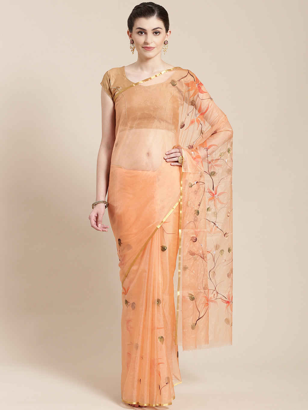 Peach-Coloured Hand Painted Organza Saree-Saree-Kalakari India-BHKPSA0130-Hand Painted, Organza, Sarees, Sustainable Fabrics, Traditional Weave-[Linen,Ethnic,wear,Fashionista,Handloom,Handicraft,Indigo,blockprint,block,print,Cotton,Chanderi,Blue, latest,classy,party,bollywood,trendy,summer,style,traditional,formal,elegant,unique,style,hand,block,print, dabu,booti,gift,present,glamorous,affordable,collectible,Sari,Saree,printed, holi, Diwali, birthday, anniversary, sustainable, organic, scarf, on