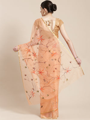 Peach-Coloured Hand Painted Organza Saree-Saree-Kalakari India-BHKPSA0130-Hand Painted, Organza, Sarees, Sustainable Fabrics, Traditional Weave-[Linen,Ethnic,wear,Fashionista,Handloom,Handicraft,Indigo,blockprint,block,print,Cotton,Chanderi,Blue, latest,classy,party,bollywood,trendy,summer,style,traditional,formal,elegant,unique,style,hand,block,print, dabu,booti,gift,present,glamorous,affordable,collectible,Sari,Saree,printed, holi, Diwali, birthday, anniversary, sustainable, organic, scarf, on