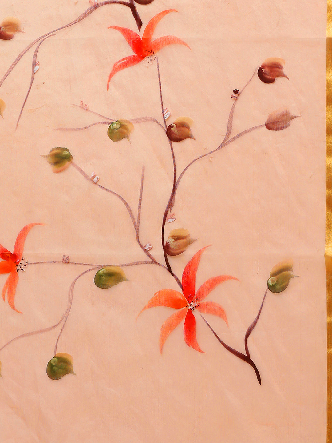 Peach-Coloured Hand Painted Organza Saree-Saree-Kalakari India-BHKPSA0130-Hand Painted, Organza, Sarees, Sustainable Fabrics, Traditional Weave-[Linen,Ethnic,wear,Fashionista,Handloom,Handicraft,Indigo,blockprint,block,print,Cotton,Chanderi,Blue, latest,classy,party,bollywood,trendy,summer,style,traditional,formal,elegant,unique,style,hand,block,print, dabu,booti,gift,present,glamorous,affordable,collectible,Sari,Saree,printed, holi, Diwali, birthday, anniversary, sustainable, organic, scarf, on