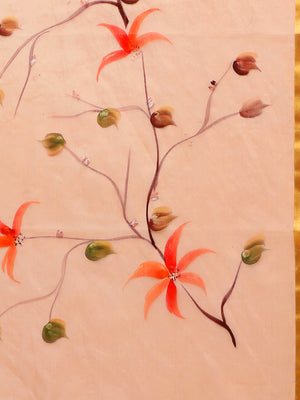 Peach-Coloured Hand Painted Organza Saree-Saree-Kalakari India-BHKPSA0130-Hand Painted, Organza, Sarees, Sustainable Fabrics, Traditional Weave-[Linen,Ethnic,wear,Fashionista,Handloom,Handicraft,Indigo,blockprint,block,print,Cotton,Chanderi,Blue, latest,classy,party,bollywood,trendy,summer,style,traditional,formal,elegant,unique,style,hand,block,print, dabu,booti,gift,present,glamorous,affordable,collectible,Sari,Saree,printed, holi, Diwali, birthday, anniversary, sustainable, organic, scarf, on