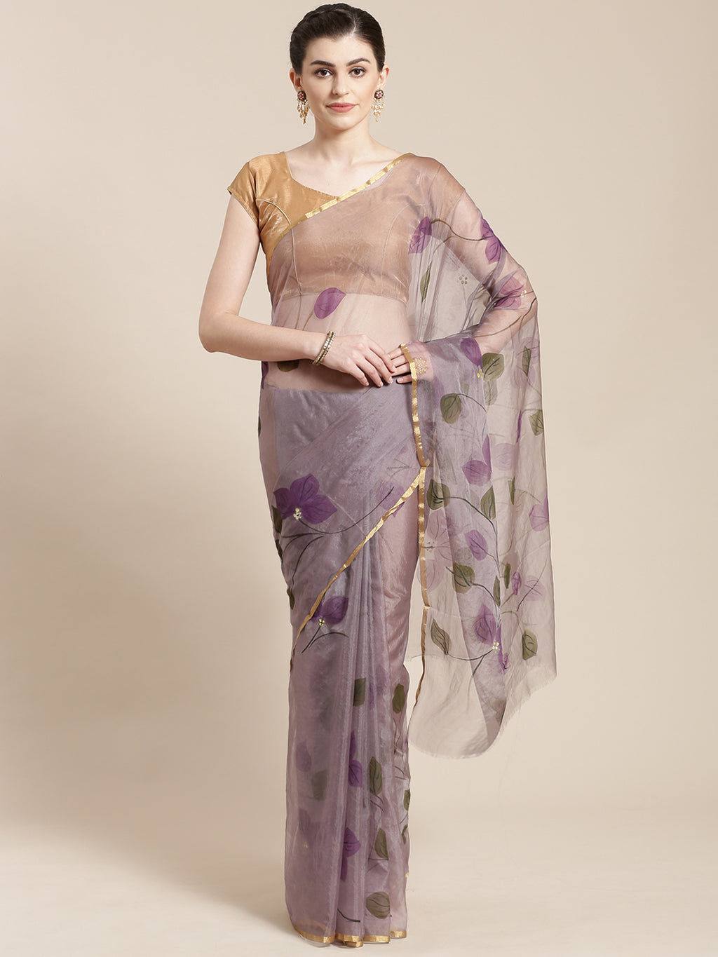 Purple & Olive Green Hand Painted Organza Saree-Saree-Kalakari India-BHKPSA0131-Hand Painted, Organza, Sarees, Sustainable Fabrics, Traditional Weave-[Linen,Ethnic,wear,Fashionista,Handloom,Handicraft,Indigo,blockprint,block,print,Cotton,Chanderi,Blue, latest,classy,party,bollywood,trendy,summer,style,traditional,formal,elegant,unique,style,hand,block,print, dabu,booti,gift,present,glamorous,affordable,collectible,Sari,Saree,printed, holi, Diwali, birthday, anniversary, sustainable, organic, sca
