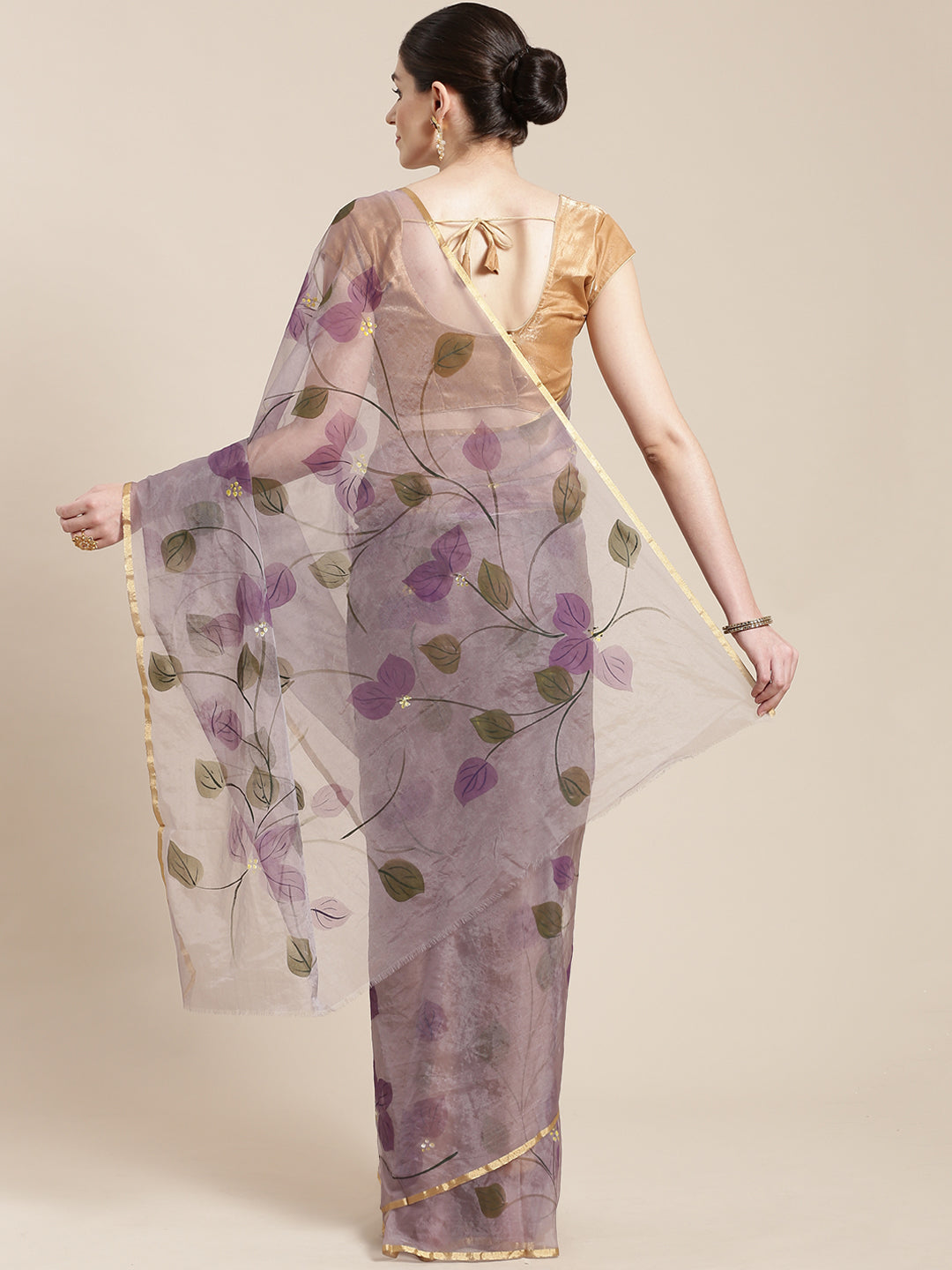 Purple & Olive Green Hand Painted Organza Saree-Saree-Kalakari India-BHKPSA0131-Hand Painted, Organza, Sarees, Sustainable Fabrics, Traditional Weave-[Linen,Ethnic,wear,Fashionista,Handloom,Handicraft,Indigo,blockprint,block,print,Cotton,Chanderi,Blue, latest,classy,party,bollywood,trendy,summer,style,traditional,formal,elegant,unique,style,hand,block,print, dabu,booti,gift,present,glamorous,affordable,collectible,Sari,Saree,printed, holi, Diwali, birthday, anniversary, sustainable, organic, sca