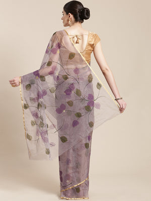 Purple & Olive Green Hand Painted Organza Saree-Saree-Kalakari India-BHKPSA0131-Hand Painted, Organza, Sarees, Sustainable Fabrics, Traditional Weave-[Linen,Ethnic,wear,Fashionista,Handloom,Handicraft,Indigo,blockprint,block,print,Cotton,Chanderi,Blue, latest,classy,party,bollywood,trendy,summer,style,traditional,formal,elegant,unique,style,hand,block,print, dabu,booti,gift,present,glamorous,affordable,collectible,Sari,Saree,printed, holi, Diwali, birthday, anniversary, sustainable, organic, sca