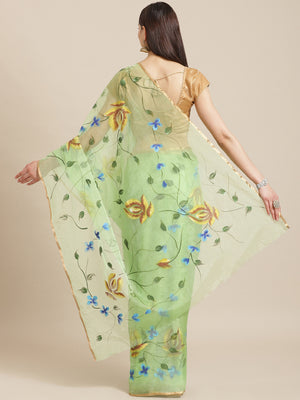 Green and Yellow, Kalakari India Organza Green Hand crafted saree with blouse BHKPSA0132-Saree-Kalakari India-BHKPSA0132-Geographical Indication, Hand Crafted, Hand Painted, Heritage Prints, Natural Dyes, Organza, Red, Sarees, Sustainable Fabrics, Woven, Yellow-[Linen,Ethnic,wear,Fashionista,Handloom,Handicraft,Indigo,blockprint,block,print,Cotton,Chanderi,Blue, latest,classy,party,bollywood,trendy,summer,style,traditional,formal,elegant,unique,style,hand,block,print, dabu,booti,gift,present,gla