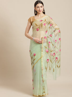 Green and Green, Kalakari India Organza Green Hand crafted saree with blouse BHKPSA0134-Saree-Kalakari India-BHKPSA0134-Geographical Indication, Hand Crafted, Hand Painted, Heritage Prints, Natural Dyes, Organza, Red, Sarees, Sustainable Fabrics, Woven, Yellow-[Linen,Ethnic,wear,Fashionista,Handloom,Handicraft,Indigo,blockprint,block,print,Cotton,Chanderi,Blue, latest,classy,party,bollywood,trendy,summer,style,traditional,formal,elegant,unique,style,hand,block,print, dabu,booti,gift,present,glam