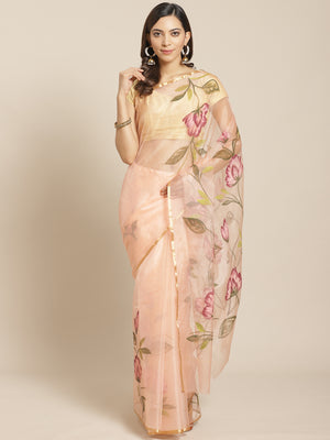 Peach and Maroon, Kalakari India Organza Peach Hand crafted saree with blouse BHKPSA0136-Saree-Kalakari India-BHKPSA0136-Geographical Indication, Hand Crafted, Hand Painted, Heritage Prints, Natural Dyes, Organza, Red, Sarees, Sustainable Fabrics, Woven, Yellow-[Linen,Ethnic,wear,Fashionista,Handloom,Handicraft,Indigo,blockprint,block,print,Cotton,Chanderi,Blue, latest,classy,party,bollywood,trendy,summer,style,traditional,formal,elegant,unique,style,hand,block,print, dabu,booti,gift,present,gla
