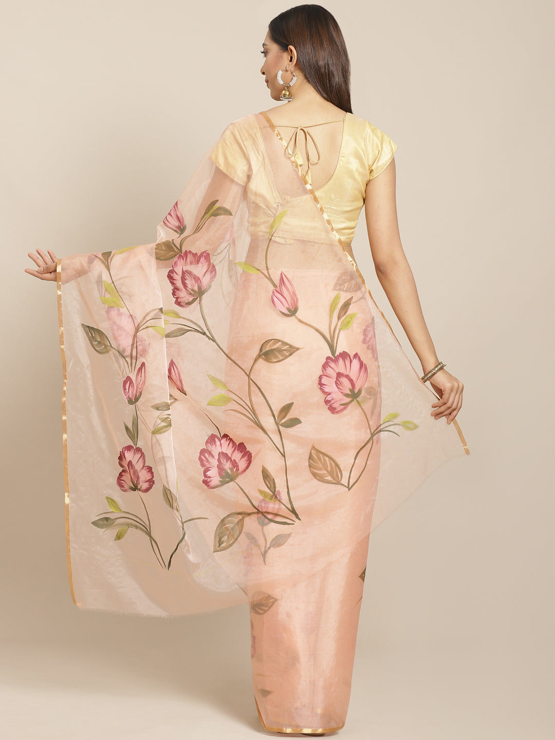 Peach and Maroon, Kalakari India Organza Peach Hand crafted saree with blouse BHKPSA0136-Saree-Kalakari India-BHKPSA0136-Geographical Indication, Hand Crafted, Hand Painted, Heritage Prints, Natural Dyes, Organza, Red, Sarees, Sustainable Fabrics, Woven, Yellow-[Linen,Ethnic,wear,Fashionista,Handloom,Handicraft,Indigo,blockprint,block,print,Cotton,Chanderi,Blue, latest,classy,party,bollywood,trendy,summer,style,traditional,formal,elegant,unique,style,hand,block,print, dabu,booti,gift,present,gla