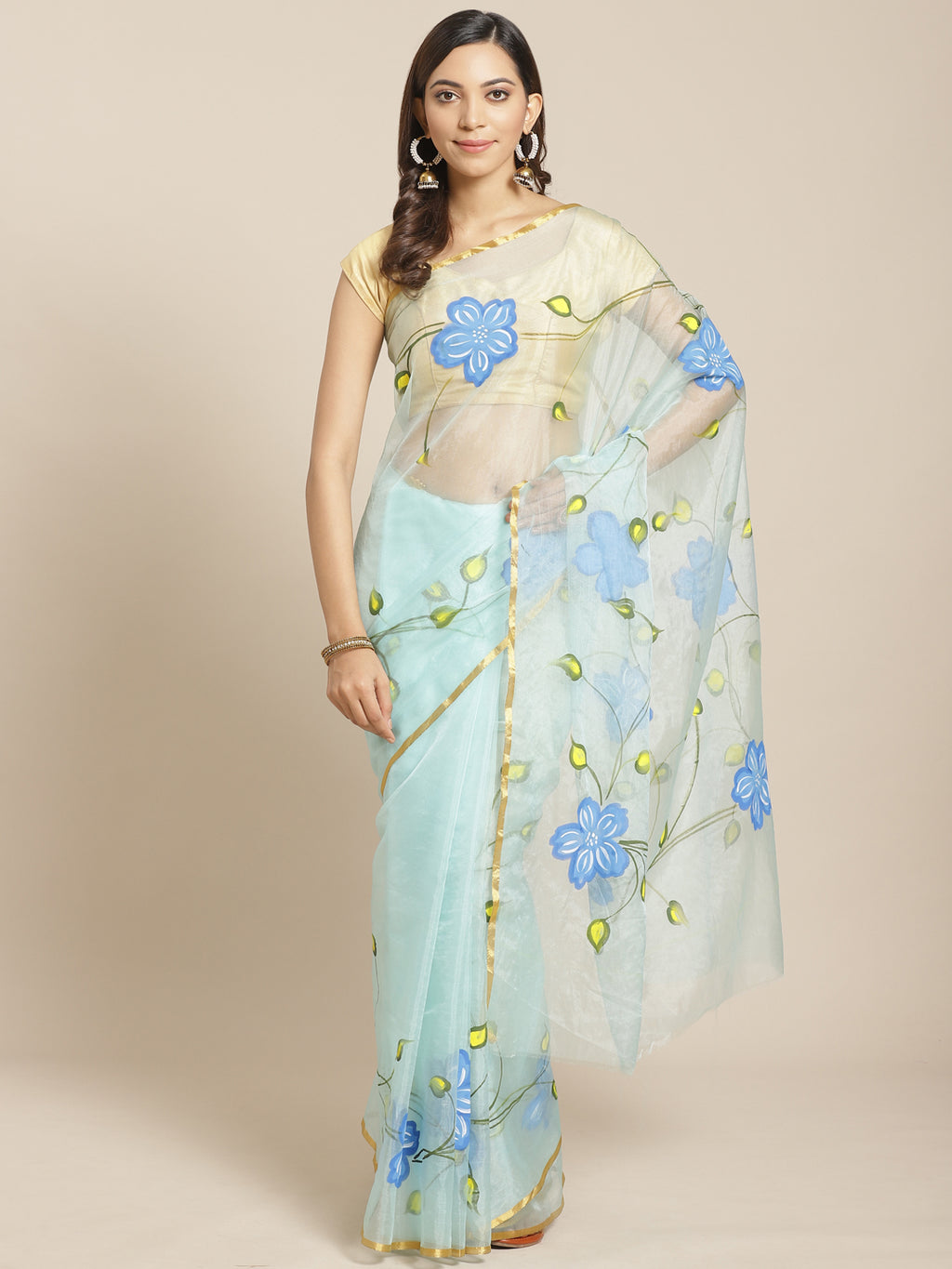 Blue and Green, Kalakari India Organza Blue Hand crafted saree with blouse BHKPSA0137-Saree-Kalakari India-BHKPSA0137-Geographical Indication, Hand Crafted, Hand Painted, Heritage Prints, Natural Dyes, Organza, Red, Sarees, Sustainable Fabrics, Woven, Yellow-[Linen,Ethnic,wear,Fashionista,Handloom,Handicraft,Indigo,blockprint,block,print,Cotton,Chanderi,Blue, latest,classy,party,bollywood,trendy,summer,style,traditional,formal,elegant,unique,style,hand,block,print, dabu,booti,gift,present,glamor