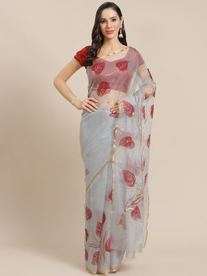 Grey and Maroon, Kalakari India Bagru Organza Solid Saree with Blouse BHKPSA0138-Saree-Kalakari India-BHKPSA0138-Geographical Indication, Hand Crafted, Hand Painted, Heritage Prints, Natural Dyes, Organza, Red, Sarees, Sustainable Fabrics, Woven, Yellow-[Linen,Ethnic,wear,Fashionista,Handloom,Handicraft,Indigo,blockprint,block,print,Cotton,Chanderi,Blue, latest,classy,party,bollywood,trendy,summer,style,traditional,formal,elegant,unique,style,hand,block,print, dabu,booti,gift,present,glamorous,a
