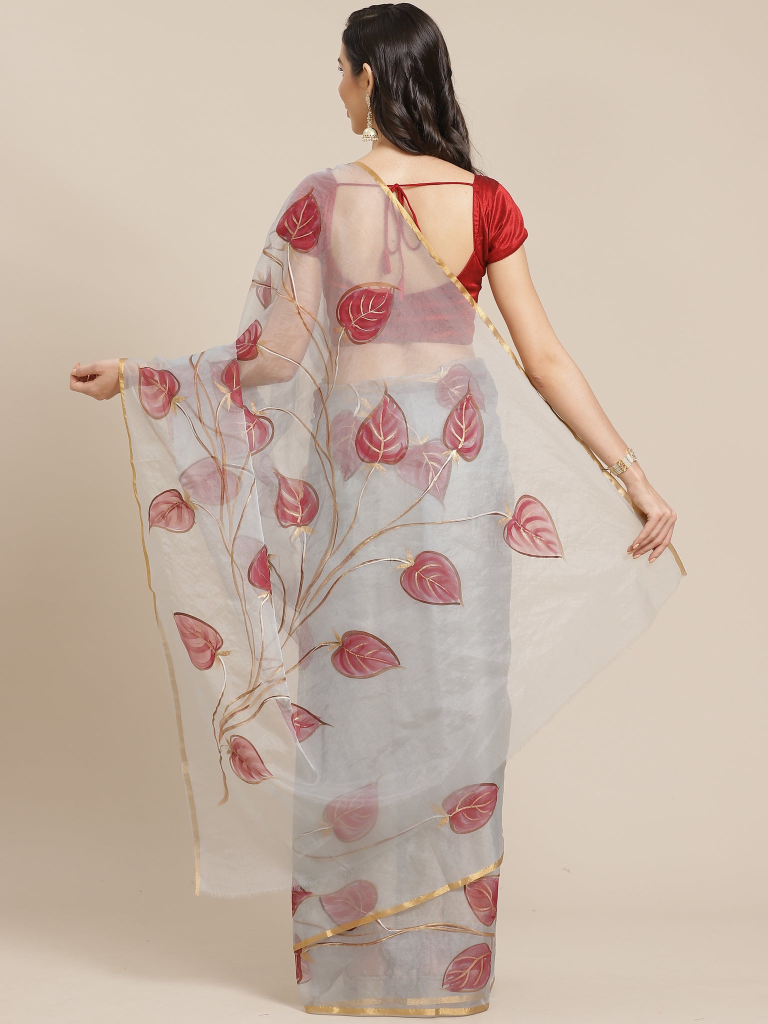 Grey and Maroon, Kalakari India Bagru Organza Solid Saree with Blouse BHKPSA0138-Saree-Kalakari India-BHKPSA0138-Geographical Indication, Hand Crafted, Hand Painted, Heritage Prints, Natural Dyes, Organza, Red, Sarees, Sustainable Fabrics, Woven, Yellow-[Linen,Ethnic,wear,Fashionista,Handloom,Handicraft,Indigo,blockprint,block,print,Cotton,Chanderi,Blue, latest,classy,party,bollywood,trendy,summer,style,traditional,formal,elegant,unique,style,hand,block,print, dabu,booti,gift,present,glamorous,a