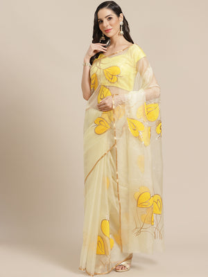 Yellow and Gold, Kalakari India Bagru Organza Solid Saree with Blouse BHKPSA0139-Saree-Kalakari India-BHKPSA0139-Geographical Indication, Hand Crafted, Hand Painted, Heritage Prints, Natural Dyes, Organza, Red, Sarees, Sustainable Fabrics, Woven, Yellow-[Linen,Ethnic,wear,Fashionista,Handloom,Handicraft,Indigo,blockprint,block,print,Cotton,Chanderi,Blue, latest,classy,party,bollywood,trendy,summer,style,traditional,formal,elegant,unique,style,hand,block,print, dabu,booti,gift,present,glamorous,a