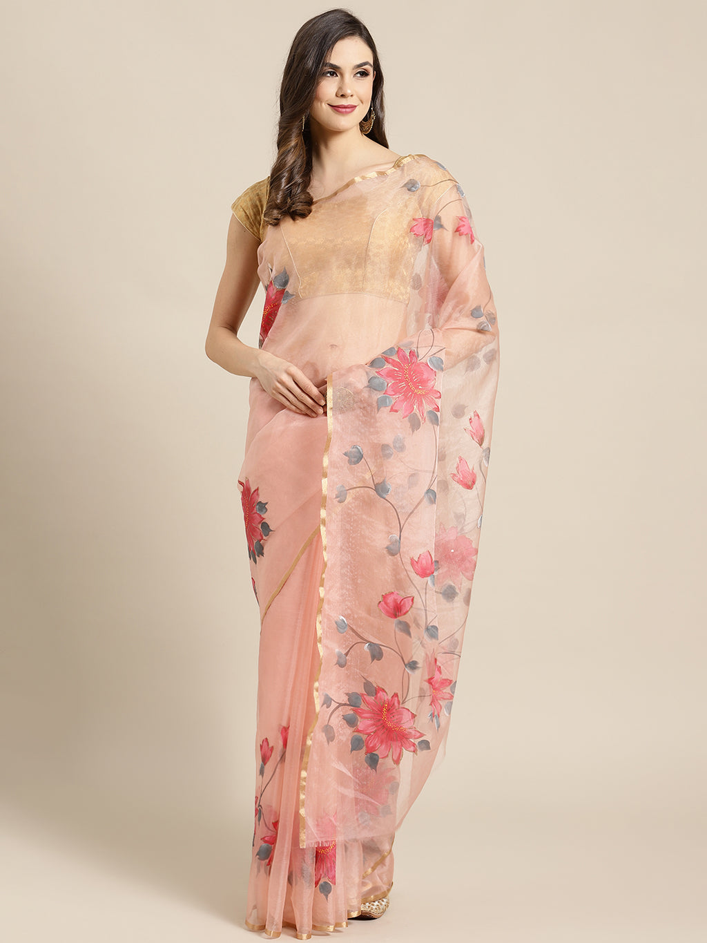 Pink and Grey, Kalakari India Bagru Organza Solid Saree with Blouse BHKPSA0141-Saree-Kalakari India-BHKPSA0141-Geographical Indication, Hand Crafted, Hand Painted, Heritage Prints, Natural Dyes, Organza, Red, Sarees, Sustainable Fabrics, Woven, Yellow-[Linen,Ethnic,wear,Fashionista,Handloom,Handicraft,Indigo,blockprint,block,print,Cotton,Chanderi,Blue, latest,classy,party,bollywood,trendy,summer,style,traditional,formal,elegant,unique,style,hand,block,print, dabu,booti,gift,present,glamorous,aff