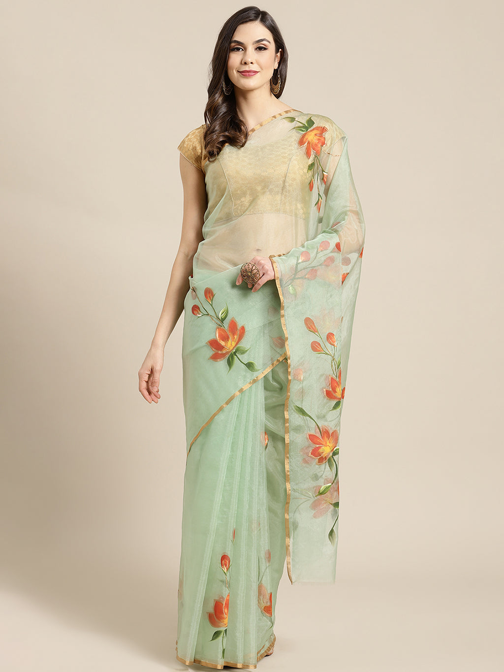 Green and Red, Kalakari India Bagru Organza Solid Saree with Blouse BHKPSA0142-Saree-Kalakari India-BHKPSA0142-Geographical Indication, Hand Crafted, Hand Painted, Heritage Prints, Natural Dyes, Organza, Red, Sarees, Sustainable Fabrics, Woven, Yellow-[Linen,Ethnic,wear,Fashionista,Handloom,Handicraft,Indigo,blockprint,block,print,Cotton,Chanderi,Blue, latest,classy,party,bollywood,trendy,summer,style,traditional,formal,elegant,unique,style,hand,block,print, dabu,booti,gift,present,glamorous,aff