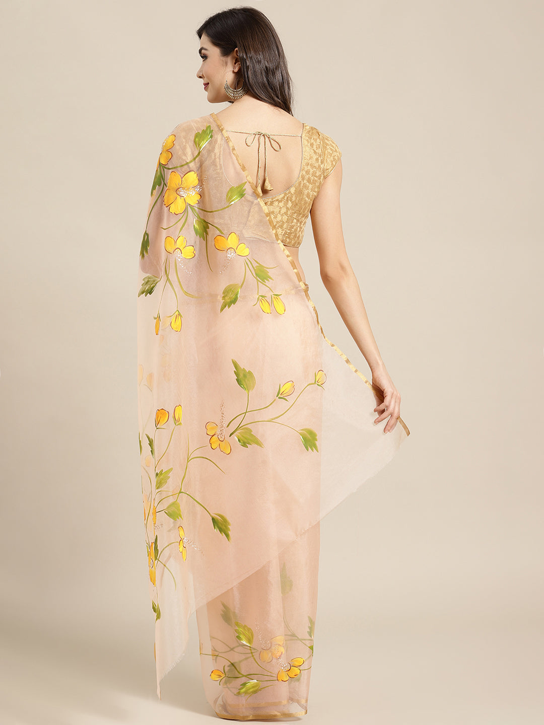 Peach and Green, Kalakari India Bagru Organza Solid Saree with Blouse BHKPSA0143-Saree-Kalakari India-BHKPSA0143-Geographical Indication, Hand Crafted, Hand Painted, Heritage Prints, Natural Dyes, Organza, Red, Sarees, Sustainable Fabrics, Woven, Yellow-[Linen,Ethnic,wear,Fashionista,Handloom,Handicraft,Indigo,blockprint,block,print,Cotton,Chanderi,Blue, latest,classy,party,bollywood,trendy,summer,style,traditional,formal,elegant,unique,style,hand,block,print, dabu,booti,gift,present,glamorous,a