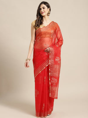 Red and , Kalakari India Organza Hand Block Print Saree with blouse BHKPSA0144-Saree-Kalakari India-BHKPSA0144-Geographical Indication, Hand Crafted, Hand Painted, Heritage Prints, Natural Dyes, Organza, Red, Sarees, Sustainable Fabrics, Woven, Yellow-[Linen,Ethnic,wear,Fashionista,Handloom,Handicraft,Indigo,blockprint,block,print,Cotton,Chanderi,Blue, latest,classy,party,bollywood,trendy,summer,style,traditional,formal,elegant,unique,style,hand,block,print, dabu,booti,gift,present,glamorous,aff