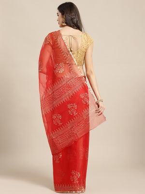 Red and , Kalakari India Organza Hand Block Print Saree with blouse BHKPSA0144-Saree-Kalakari India-BHKPSA0144-Geographical Indication, Hand Crafted, Hand Painted, Heritage Prints, Natural Dyes, Organza, Red, Sarees, Sustainable Fabrics, Woven, Yellow-[Linen,Ethnic,wear,Fashionista,Handloom,Handicraft,Indigo,blockprint,block,print,Cotton,Chanderi,Blue, latest,classy,party,bollywood,trendy,summer,style,traditional,formal,elegant,unique,style,hand,block,print, dabu,booti,gift,present,glamorous,aff