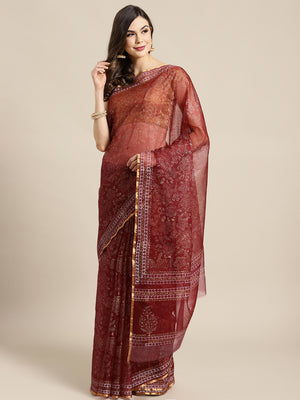 Maroon and , Kalakari India Organza Hand Block Print Saree with blouse BHKPSA0145-Saree-Kalakari India-BHKPSA0145-Geographical Indication, Hand Crafted, Hand Painted, Heritage Prints, Natural Dyes, Organza, Red, Sarees, Sustainable Fabrics, Woven, Yellow-[Linen,Ethnic,wear,Fashionista,Handloom,Handicraft,Indigo,blockprint,block,print,Cotton,Chanderi,Blue, latest,classy,party,bollywood,trendy,summer,style,traditional,formal,elegant,unique,style,hand,block,print, dabu,booti,gift,present,glamorous,