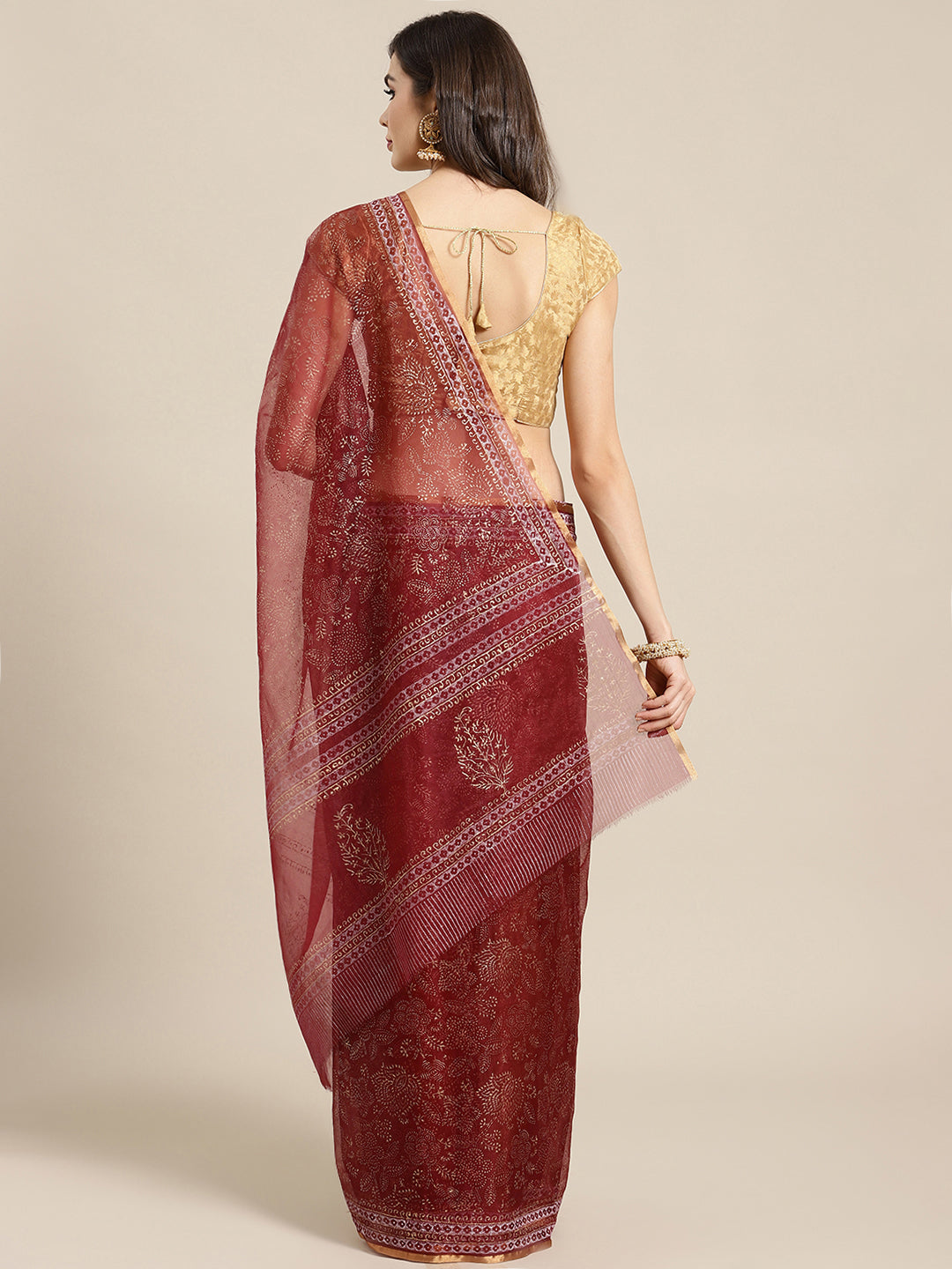 Maroon and , Kalakari India Organza Hand Block Print Saree with blouse BHKPSA0145-Saree-Kalakari India-BHKPSA0145-Geographical Indication, Hand Crafted, Hand Painted, Heritage Prints, Natural Dyes, Organza, Red, Sarees, Sustainable Fabrics, Woven, Yellow-[Linen,Ethnic,wear,Fashionista,Handloom,Handicraft,Indigo,blockprint,block,print,Cotton,Chanderi,Blue, latest,classy,party,bollywood,trendy,summer,style,traditional,formal,elegant,unique,style,hand,block,print, dabu,booti,gift,present,glamorous,