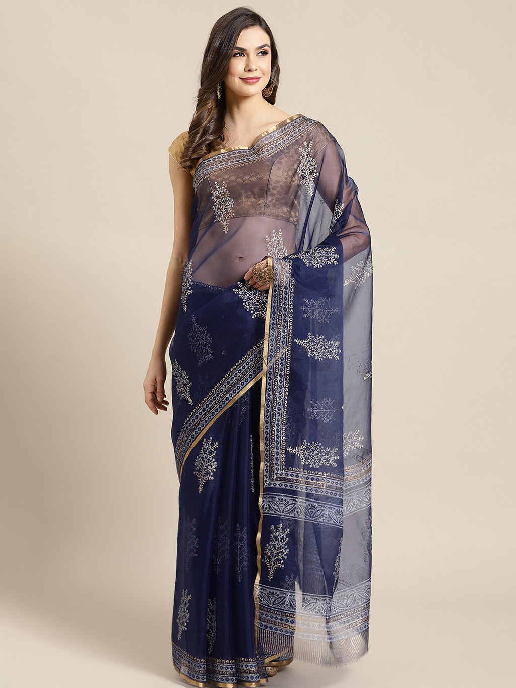 Blue and , Kalakari India Organza Hand Block Print Saree with blouse BHKPSA0146-Saree-Kalakari India-BHKPSA0146-Geographical Indication, Hand Crafted, Hand Painted, Heritage Prints, Natural Dyes, Organza, Red, Sarees, Sustainable Fabrics, Woven, Yellow-[Linen,Ethnic,wear,Fashionista,Handloom,Handicraft,Indigo,blockprint,block,print,Cotton,Chanderi,Blue, latest,classy,party,bollywood,trendy,summer,style,traditional,formal,elegant,unique,style,hand,block,print, dabu,booti,gift,present,glamorous,af