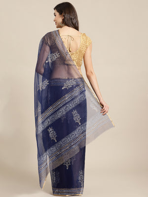 Blue and , Kalakari India Organza Hand Block Print Saree with blouse BHKPSA0146-Saree-Kalakari India-BHKPSA0146-Geographical Indication, Hand Crafted, Hand Painted, Heritage Prints, Natural Dyes, Organza, Red, Sarees, Sustainable Fabrics, Woven, Yellow-[Linen,Ethnic,wear,Fashionista,Handloom,Handicraft,Indigo,blockprint,block,print,Cotton,Chanderi,Blue, latest,classy,party,bollywood,trendy,summer,style,traditional,formal,elegant,unique,style,hand,block,print, dabu,booti,gift,present,glamorous,af