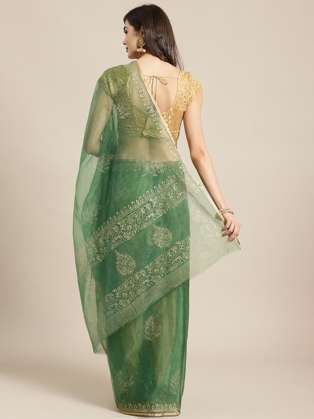 Green and , Kalakari India Organza Hand Block Print Saree with blouse BHKPSA0147-Saree-Kalakari India-BHKPSA0147-Geographical Indication, Hand Crafted, Hand Painted, Heritage Prints, Natural Dyes, Organza, Red, Sarees, Sustainable Fabrics, Woven, Yellow-[Linen,Ethnic,wear,Fashionista,Handloom,Handicraft,Indigo,blockprint,block,print,Cotton,Chanderi,Blue, latest,classy,party,bollywood,trendy,summer,style,traditional,formal,elegant,unique,style,hand,block,print, dabu,booti,gift,present,glamorous,a