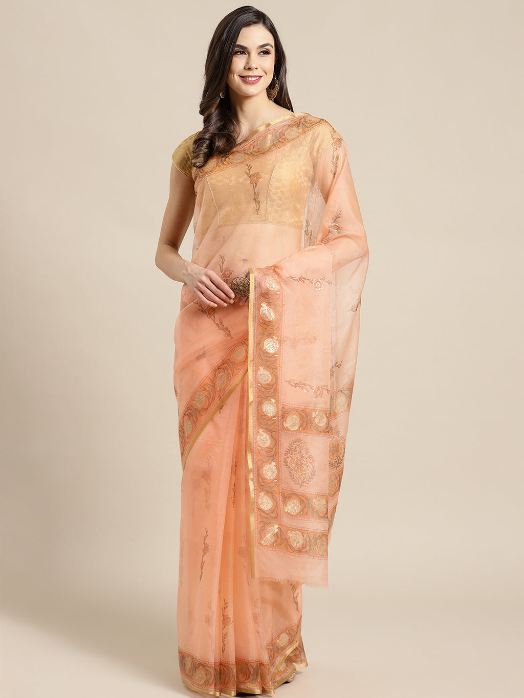 Peach and , Kalakari India Organza Hand Block Print Saree with blouse BHKPSA0148-Saree-Kalakari India-BHKPSA0148-Geographical Indication, Hand Crafted, Hand Painted, Heritage Prints, Natural Dyes, Organza, Red, Sarees, Sustainable Fabrics, Woven, Yellow-[Linen,Ethnic,wear,Fashionista,Handloom,Handicraft,Indigo,blockprint,block,print,Cotton,Chanderi,Blue, latest,classy,party,bollywood,trendy,summer,style,traditional,formal,elegant,unique,style,hand,block,print, dabu,booti,gift,present,glamorous,a