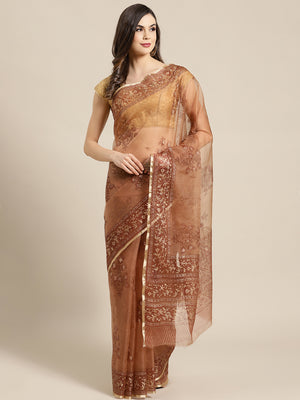 Brown and , Kalakari India Organza Hand Block Print Saree with blouse BHKPSA0150-Saree-Kalakari India-BHKPSA0150-Geographical Indication, Hand Crafted, Hand Painted, Heritage Prints, Natural Dyes, Organza, Red, Sarees, Sustainable Fabrics, Woven, Yellow-[Linen,Ethnic,wear,Fashionista,Handloom,Handicraft,Indigo,blockprint,block,print,Cotton,Chanderi,Blue, latest,classy,party,bollywood,trendy,summer,style,traditional,formal,elegant,unique,style,hand,block,print, dabu,booti,gift,present,glamorous,a