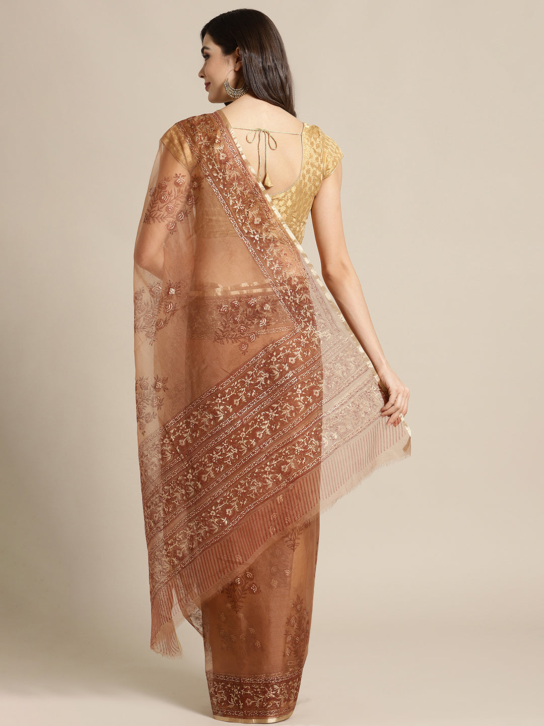 Brown and , Kalakari India Organza Hand Block Print Saree with blouse BHKPSA0150-Saree-Kalakari India-BHKPSA0150-Geographical Indication, Hand Crafted, Hand Painted, Heritage Prints, Natural Dyes, Organza, Red, Sarees, Sustainable Fabrics, Woven, Yellow-[Linen,Ethnic,wear,Fashionista,Handloom,Handicraft,Indigo,blockprint,block,print,Cotton,Chanderi,Blue, latest,classy,party,bollywood,trendy,summer,style,traditional,formal,elegant,unique,style,hand,block,print, dabu,booti,gift,present,glamorous,a