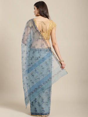 Blue and , Kalakari India Organza Hand Block Print Saree with blouse BHKPSA0151-Saree-Kalakari India-BHKPSA0151-Geographical Indication, Hand Crafted, Hand Painted, Heritage Prints, Natural Dyes, Organza, Red, Sarees, Sustainable Fabrics, Woven, Yellow-[Linen,Ethnic,wear,Fashionista,Handloom,Handicraft,Indigo,blockprint,block,print,Cotton,Chanderi,Blue, latest,classy,party,bollywood,trendy,summer,style,traditional,formal,elegant,unique,style,hand,block,print, dabu,booti,gift,present,glamorous,af