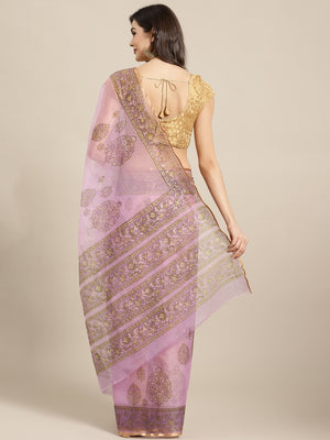 Lavender and , Kalakari India Organza Hand Block Print Saree with blouse BHKPSA0153-Saree-Kalakari India-BHKPSA0153-Geographical Indication, Hand Crafted, Hand Painted, Heritage Prints, Natural Dyes, Organza, Red, Sarees, Sustainable Fabrics, Woven, Yellow-[Linen,Ethnic,wear,Fashionista,Handloom,Handicraft,Indigo,blockprint,block,print,Cotton,Chanderi,Blue, latest,classy,party,bollywood,trendy,summer,style,traditional,formal,elegant,unique,style,hand,block,print, dabu,booti,gift,present,glamorou