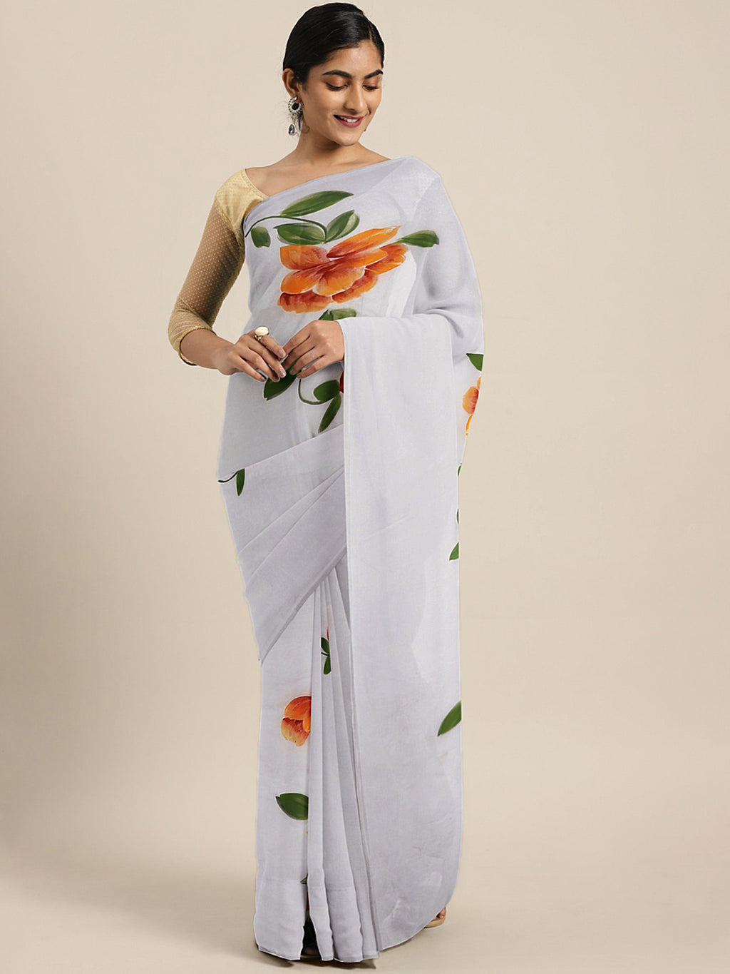Kalakari India Organza Hand Painted Saree With Blouse BHKPSA0159-Saree-Kalakari India-BHKPSA0159-Bollywood, Fashion, Geographical Indication, Hand Crafted, Heritage Prints, Natural Dyes, Organza, Sarees, Sustainable Fabrics, Woven-[Linen,Ethnic,wear,Fashionista,Handloom,Handicraft,Indigo,blockprint,block,print,Cotton,Chanderi,Blue, latest,classy,party,bollywood,trendy,summer,style,traditional,formal,elegant,unique,style,hand,block,print, dabu,booti,gift,present,glamorous,affordable,collectible,S