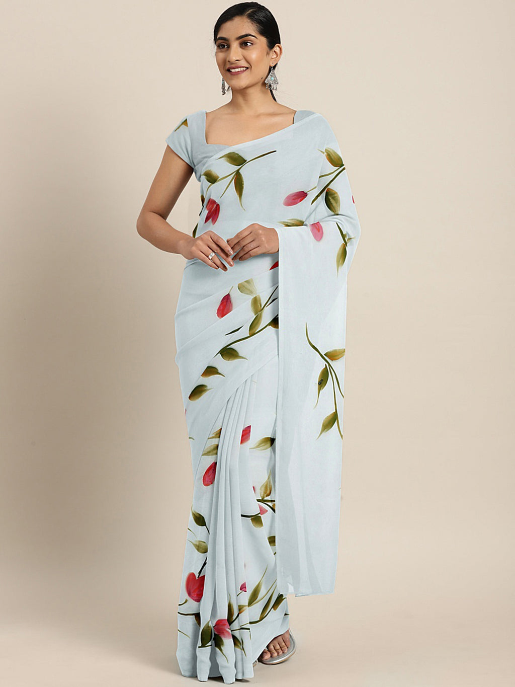 Kalakari India Organza Hand Painted Saree With Blouse BHKPSA0168-Saree-Kalakari India-BHKPSA0168-Bollywood, Fashion, Geographical Indication, Hand Crafted, Heritage Prints, Natural Dyes, Organza, Sarees, Sustainable Fabrics, Woven-[Linen,Ethnic,wear,Fashionista,Handloom,Handicraft,Indigo,blockprint,block,print,Cotton,Chanderi,Blue, latest,classy,party,bollywood,trendy,summer,style,traditional,formal,elegant,unique,style,hand,block,print, dabu,booti,gift,present,glamorous,affordable,collectible,S