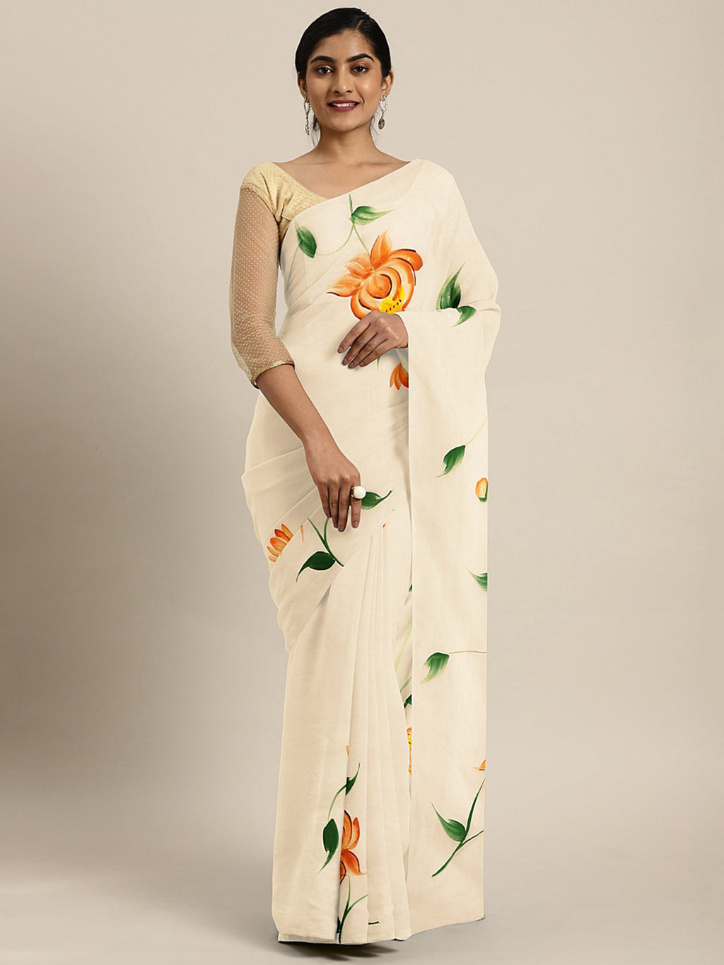 Kalakari India Organza Hand Painted Saree With Blouse BHKPSA0172-Saree-Kalakari India-BHKPSA0172-Bollywood, Fashion, Geographical Indication, Hand Crafted, Heritage Prints, Natural Dyes, Organza, Sarees, Sustainable Fabrics, Woven-[Linen,Ethnic,wear,Fashionista,Handloom,Handicraft,Indigo,blockprint,block,print,Cotton,Chanderi,Blue, latest,classy,party,bollywood,trendy,summer,style,traditional,formal,elegant,unique,style,hand,block,print, dabu,booti,gift,present,glamorous,affordable,collectible,S