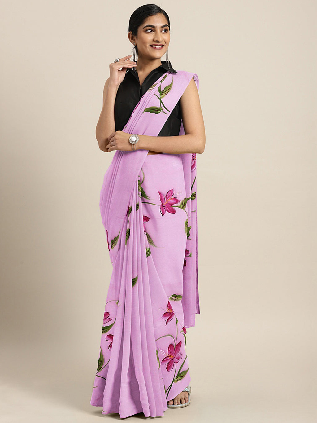 Kalakari India Organza Hand Painted Saree With Blouse BHKPSA0173-Saree-Kalakari India-BHKPSA0173-Bollywood, Fashion, Geographical Indication, Hand Crafted, Heritage Prints, Natural Dyes, Organza, Sarees, Sustainable Fabrics, Woven-[Linen,Ethnic,wear,Fashionista,Handloom,Handicraft,Indigo,blockprint,block,print,Cotton,Chanderi,Blue, latest,classy,party,bollywood,trendy,summer,style,traditional,formal,elegant,unique,style,hand,block,print, dabu,booti,gift,present,glamorous,affordable,collectible,S